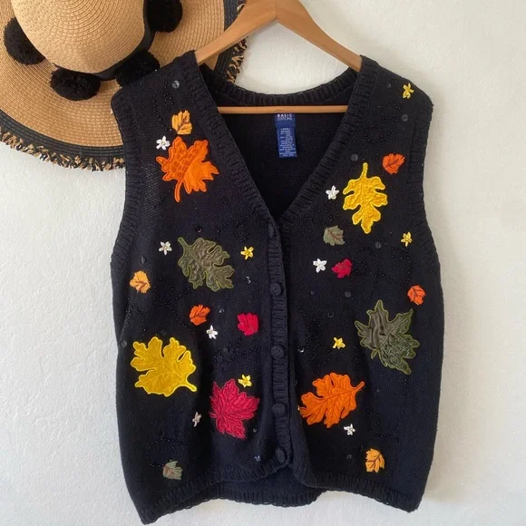 Vintage Y2K Autumn Fall Leaves Embroidered Black Ramie Cotton Knit Sweater Vest - Picture 4 of 9
